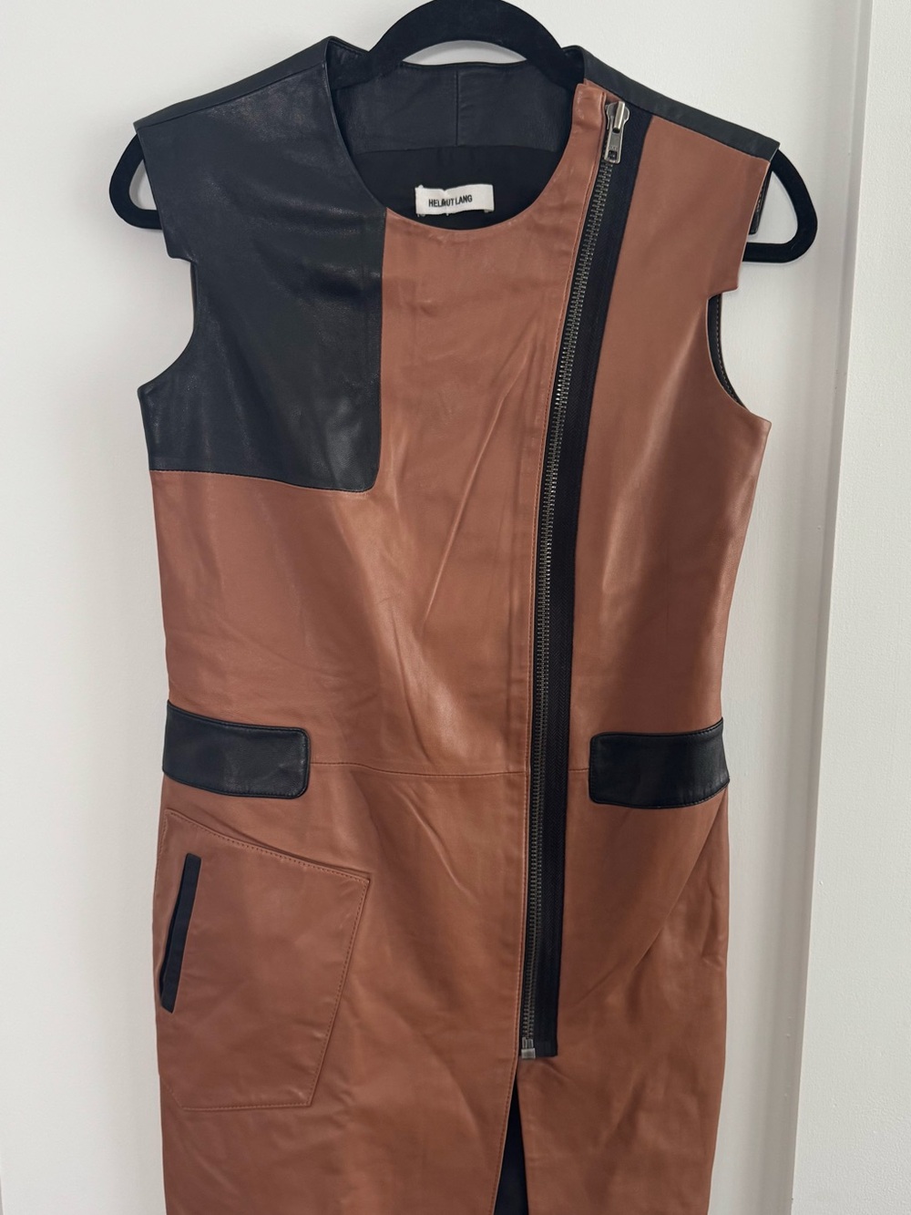 Helmut Lang Brown and Black Leather Panel Midi Dress